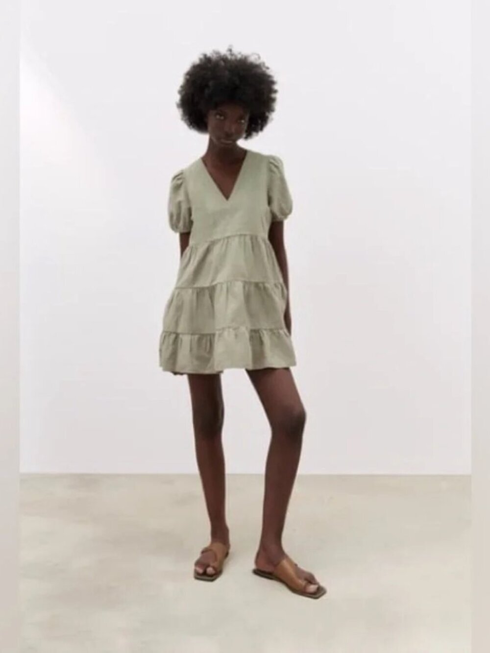ZARA Green Khaki Layered Linen Cotton Short Dress